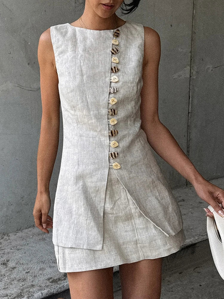 Sleeveless Front Buttoned Top and Mini Skirt Set