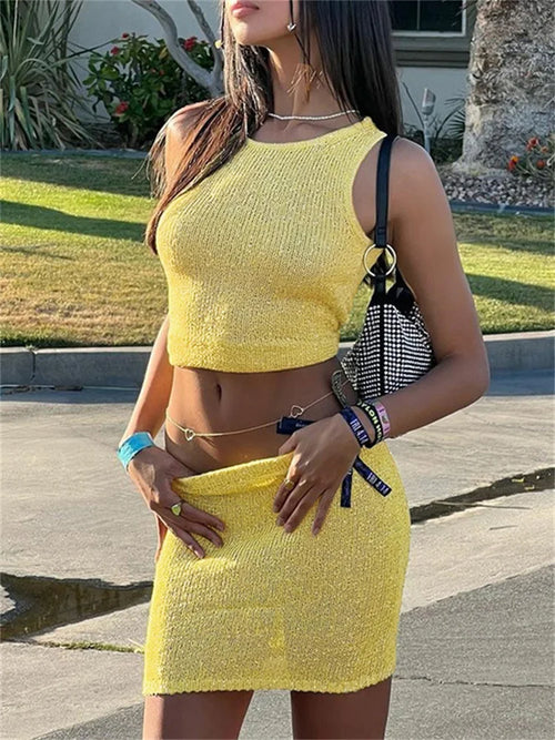 Solid Knit Top And Mini Skirt 2 Pcs Suit