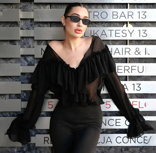 See Through Solid Long Sleeved Ruffles Tops