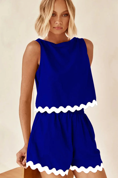 Wave Stripe Patchwork Tops High Waist Shorts Set
