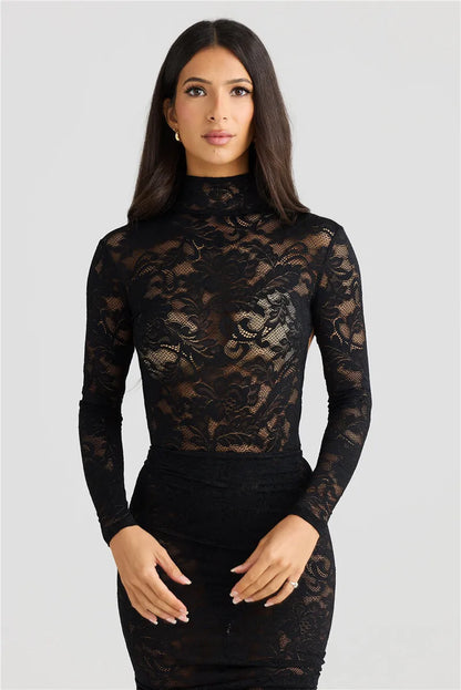Turtleneck Top And Floral Split Long Skirt Sets