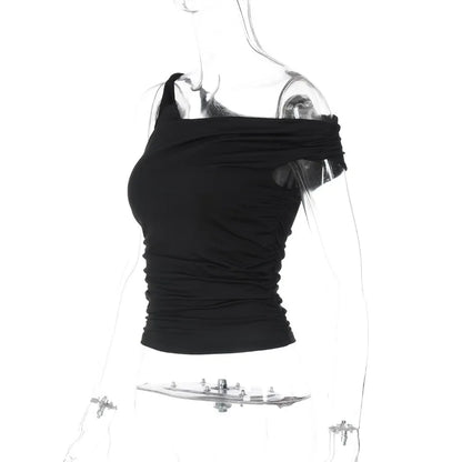 Twisted One Shoulder Asymmetrical Crop Tops Black