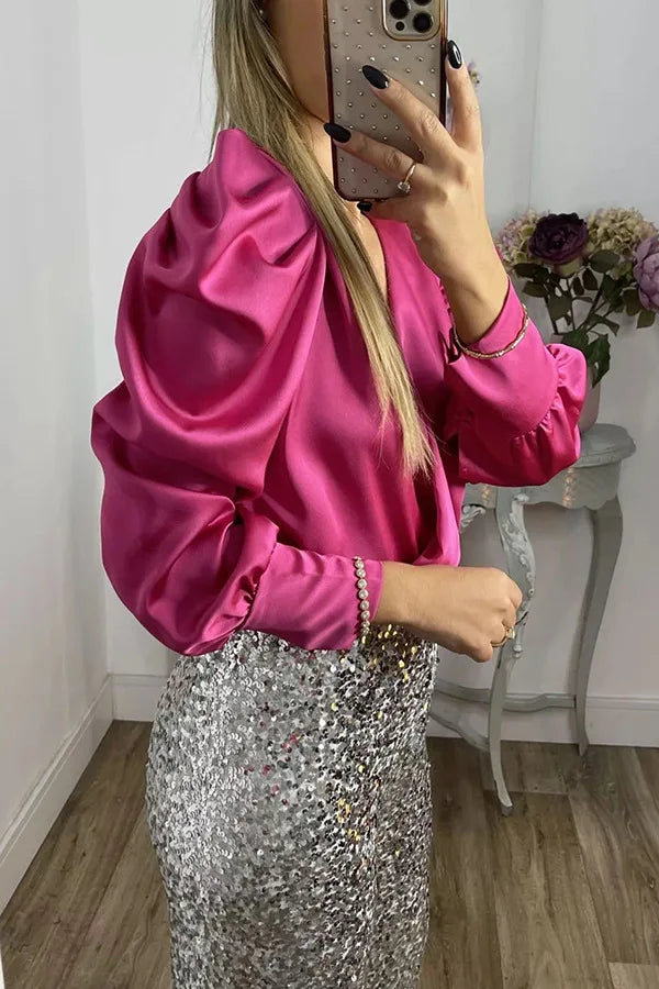 Satin Puff Long Sleeve Pleated Ruffled Tops