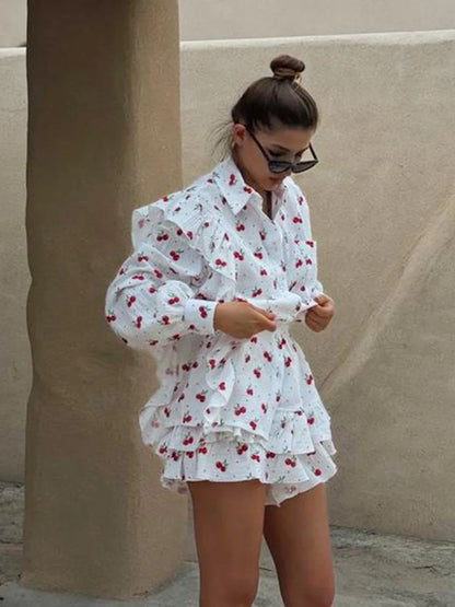 Ruffled Printed Long Sleeve Top and Shorts Sets
