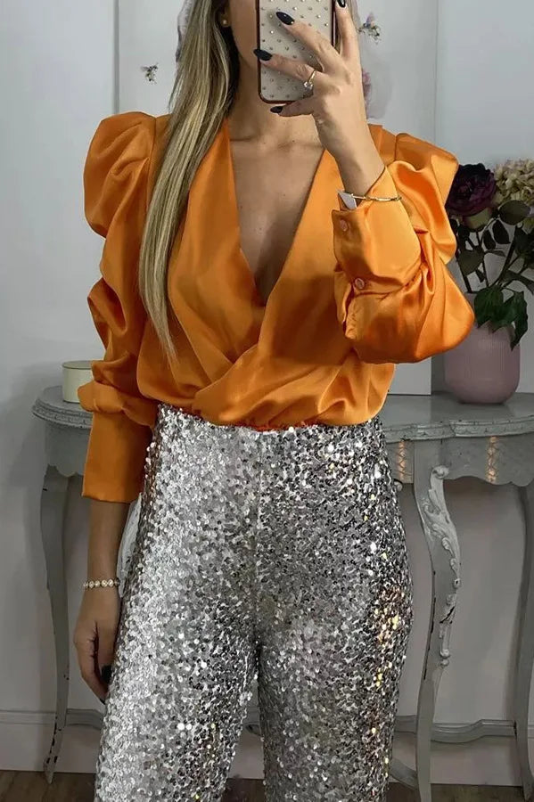 Satin Puff Long Sleeve Pleated Ruffled Tops