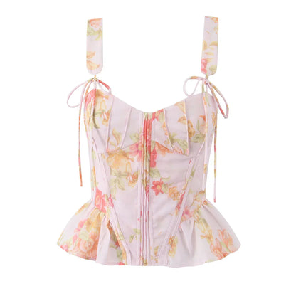 Ribbon Bow Strap Ruffles Hem Top
