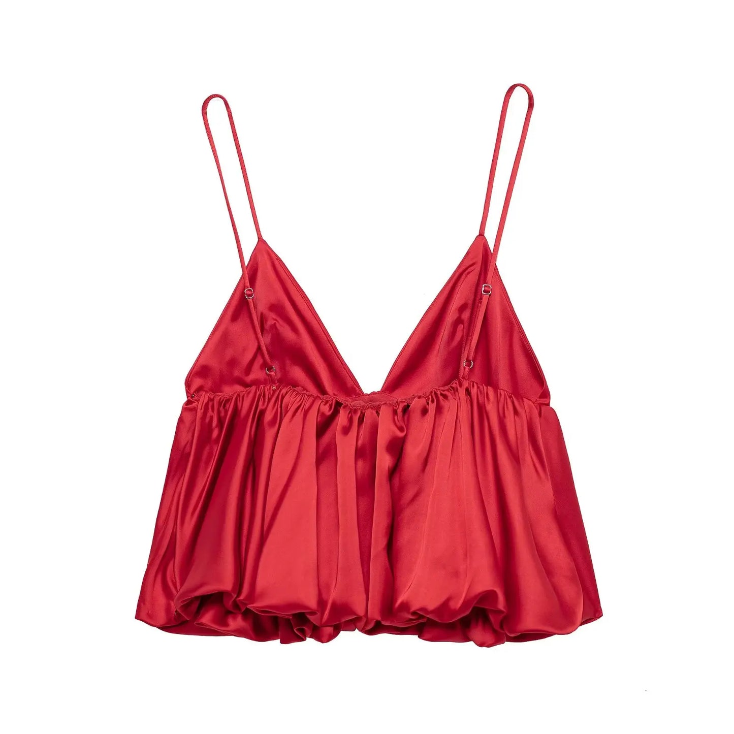 Red Solid Satin Puff Short Camisole Top