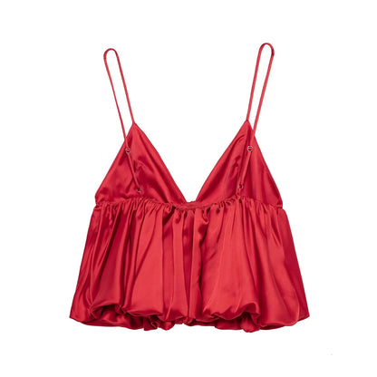 Red Solid Satin Puff Short Camisole Top