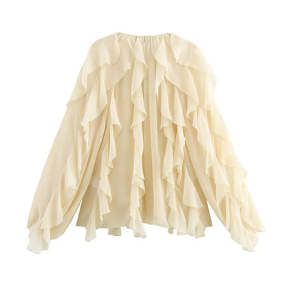 Ruffled Shirt Women Loose Lace Up Tops