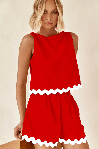 Wave Stripe Patchwork Tops High Waist Shorts Set