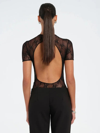 Sheer Lace Patchwork Bodysuit Top For Women