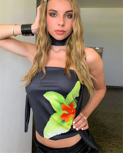 Ribbon Sleeveless Backless Floral Print Top