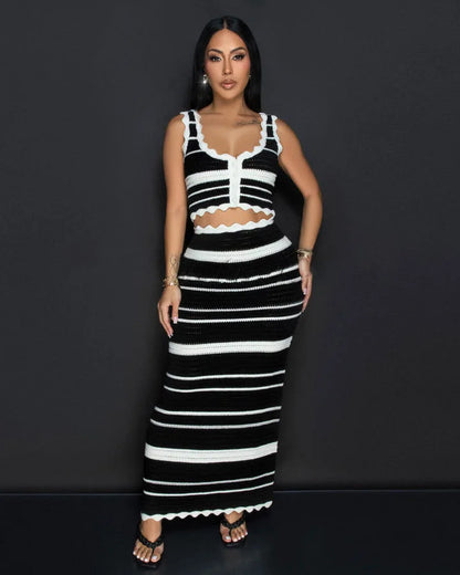 Striped Contrast Knitted Top and Long Skirt Set