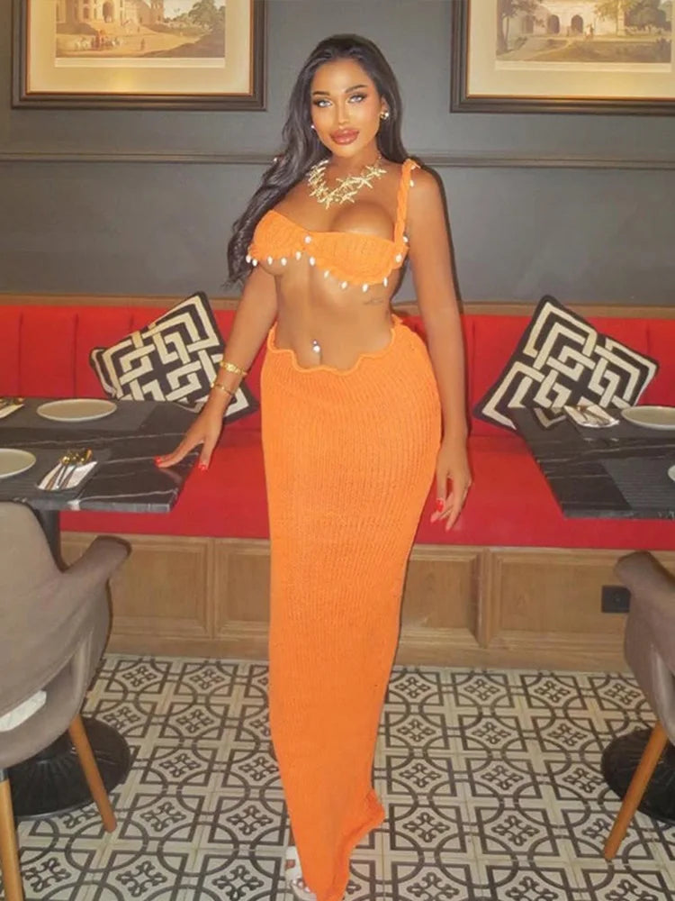 Shell Knitted Halter Top Split Fishtail Skirt Set