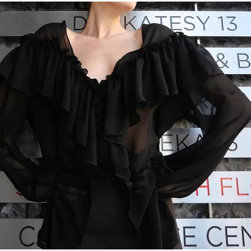 See Through Solid Long Sleeved Ruffles Tops