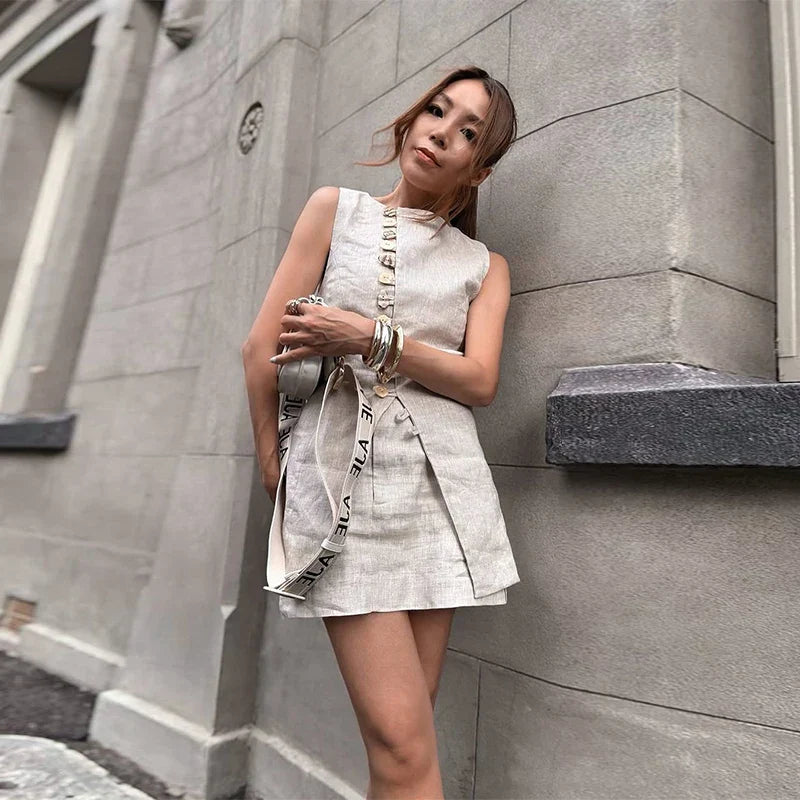 Sleeveless Front Buttoned Top and Mini Skirt Set