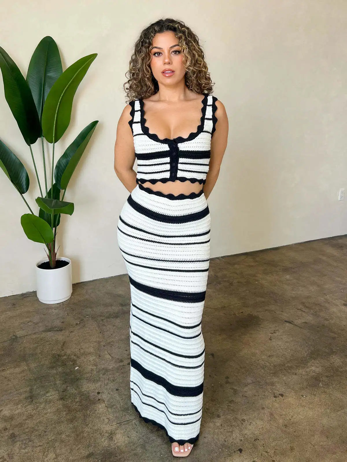 Striped Contrast Knitted Top and Long Skirt Set