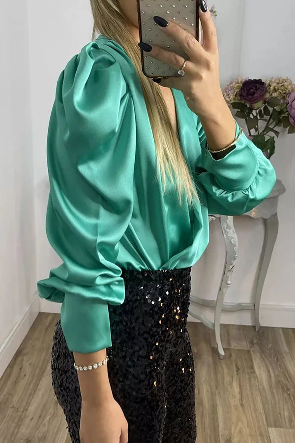 Satin Puff Long Sleeve Pleated Ruffled Tops