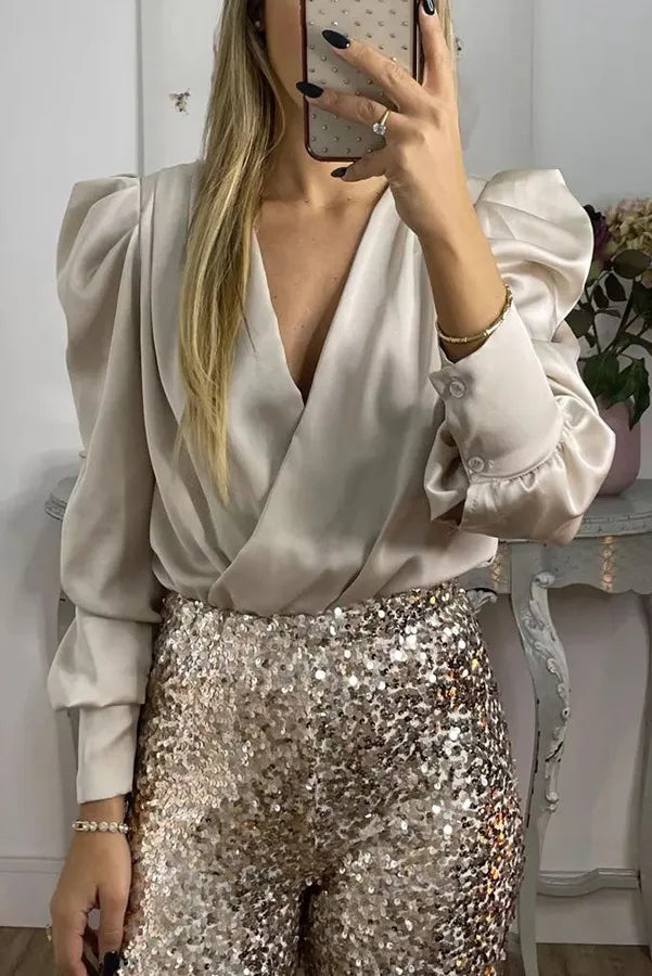 Satin Puff Long Sleeve Pleated Ruffled Tops
