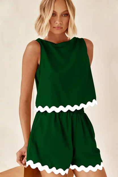 Wave Stripe Patchwork Tops High Waist Shorts Set