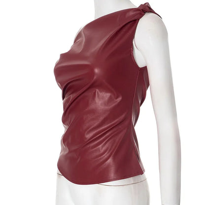 Skew Collar Leather Pleated Top