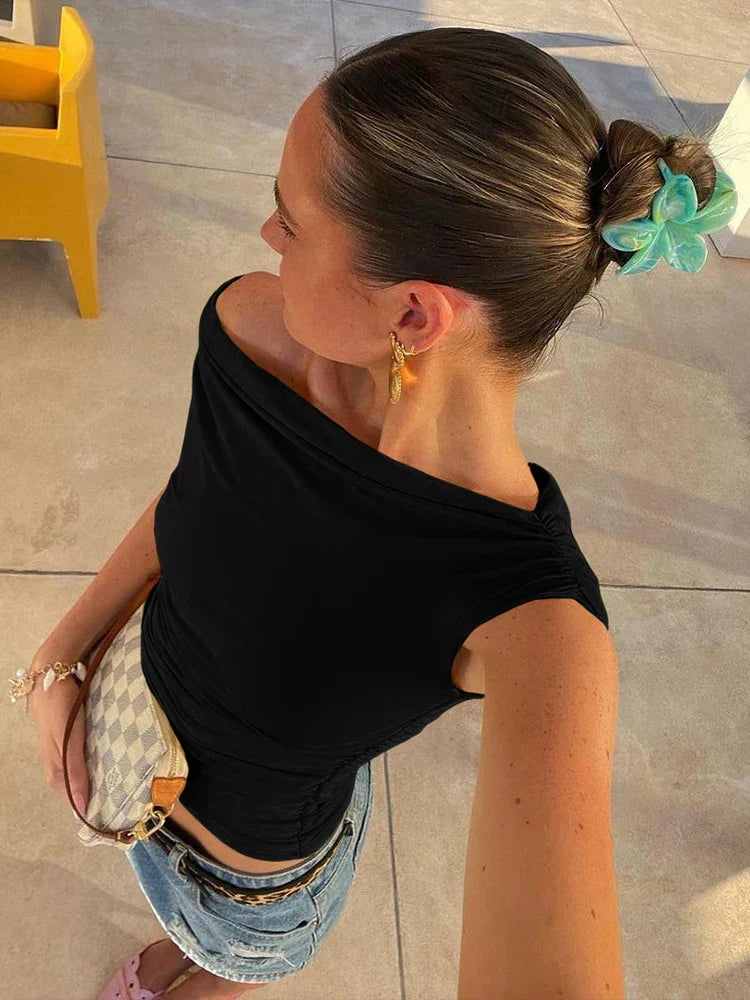 Slash Neck Shirring Bandage Solid Top