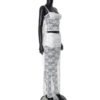 White Halter Top And Sheer Mesh Long Skirt Suit