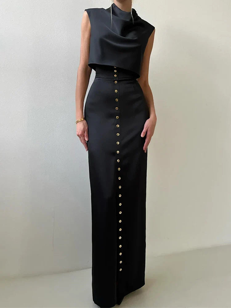 Sleeveless Top Suit With Front Split Skirt