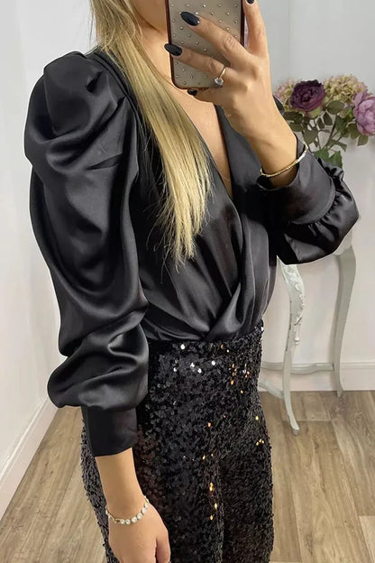 Satin Puff Long Sleeve Pleated Ruffled Tops