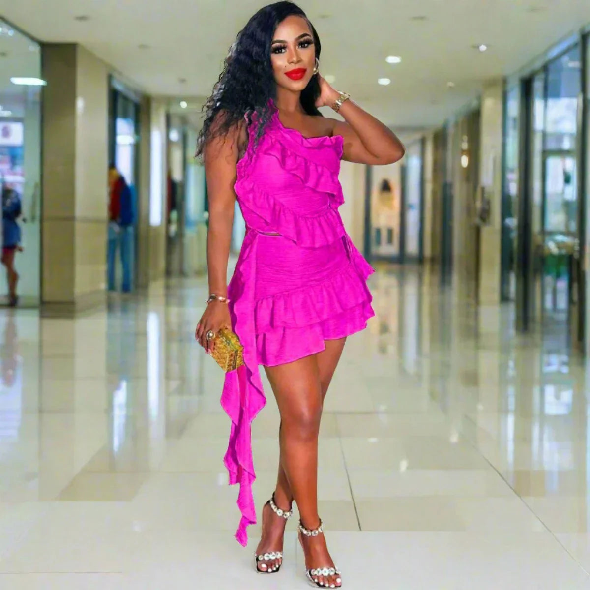 Ruffles Ribbons One Shoulder Top Mini Skirts Suits