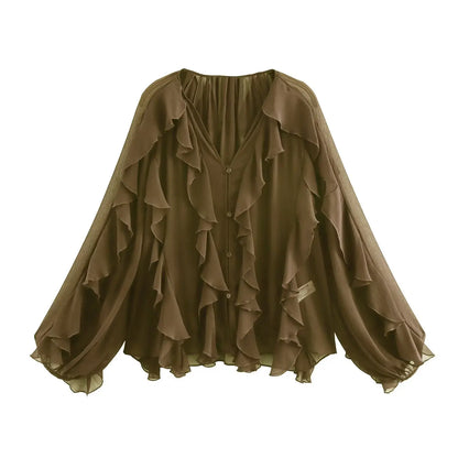 Ruffled Shirt Women Loose Lace Up Tops