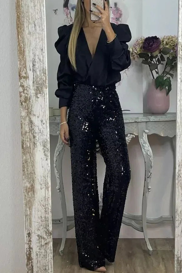 Satin Puff Long Sleeve Pleated Ruffled Tops