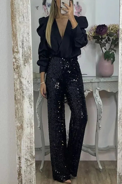 Satin Puff Long Sleeve Pleated Ruffled Tops