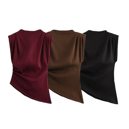 Sleeveless Cropped Top Pleated Round Neck Vest T-Shirt