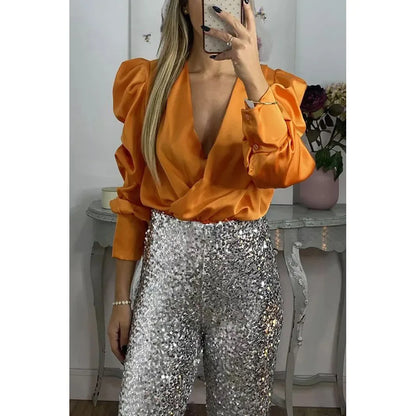 Satin Puff Long Sleeve Pleated Ruffled Tops