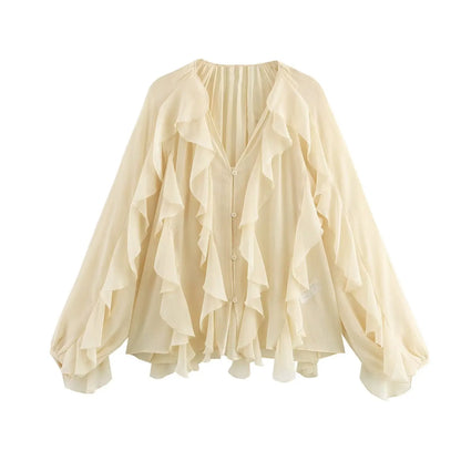 Ruffled Shirt Women Loose Lace Up Tops