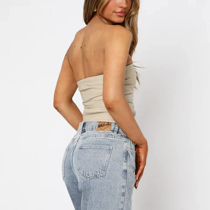 PU Leather Strapless Pleated Tube Top