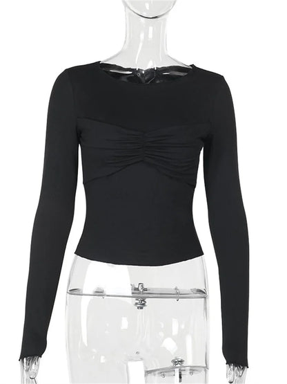 Pleated Long Sleeve Solid Top