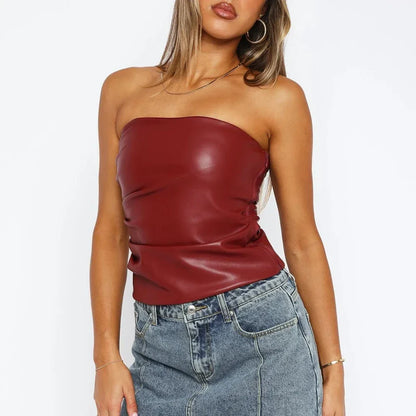 PU Leather Strapless Pleated Tube Top