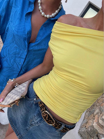 Slash Neck Shirring Bandage Solid Top