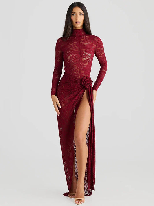 Turtleneck Top And Floral Split Long Skirt Sets