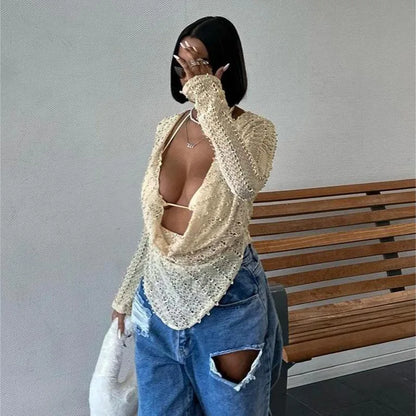 White Deep Cowl Neck Long Sleeve Top