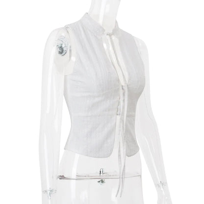 Tie Front Button White Cut Out Sleeveless Top