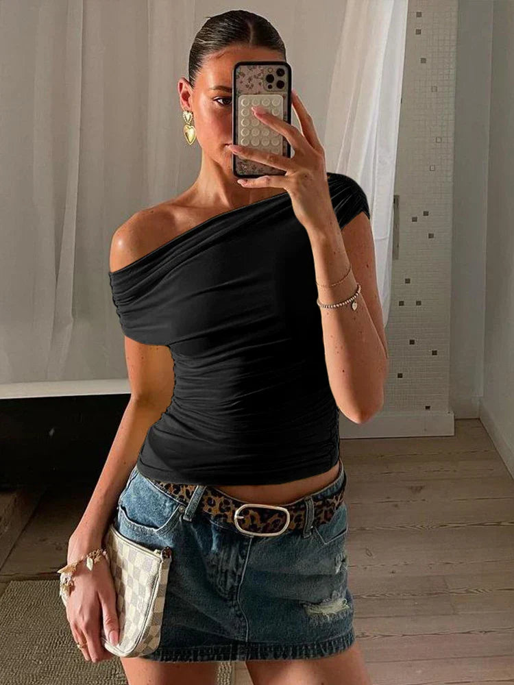 Slash Neck Shirring Bandage Solid Top