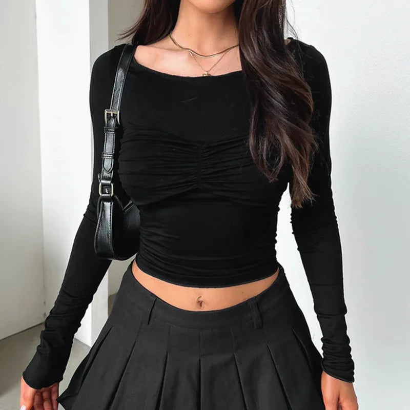 Pleated Long Sleeve Solid Top