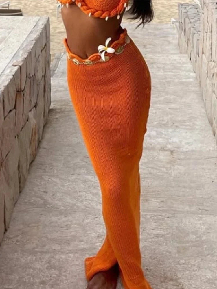 Shell Knitted Halter Top Split Fishtail Skirt Set
