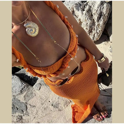 Shell Crop Tops Suit With Split Long Skirt
