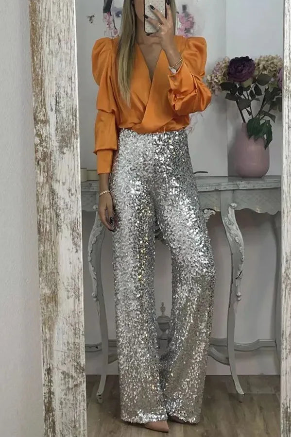 Satin Puff Long Sleeve Pleated Ruffled Tops