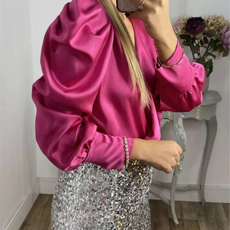 Satin Puff Long Sleeve Pleated Ruffled Tops