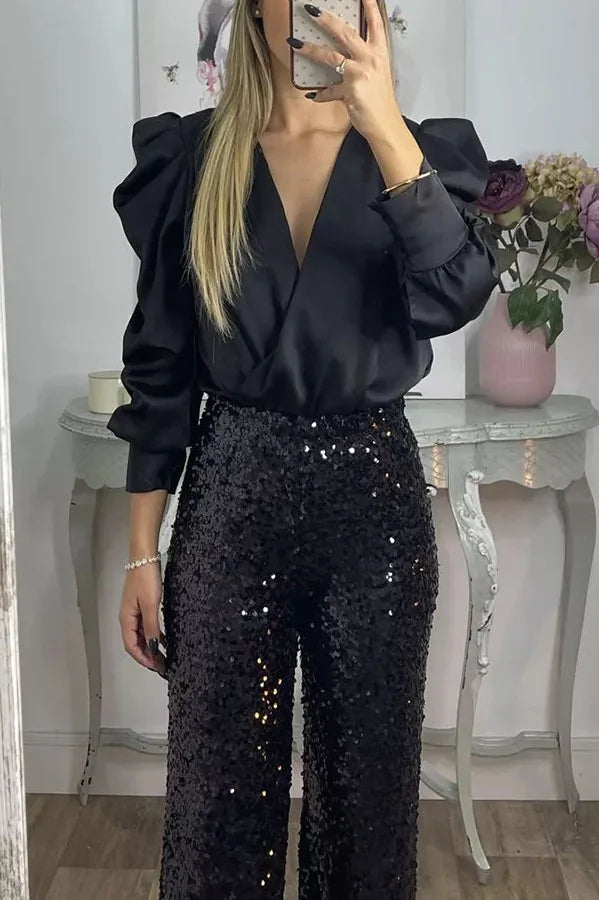 Satin Puff Long Sleeve Pleated Ruffled Tops